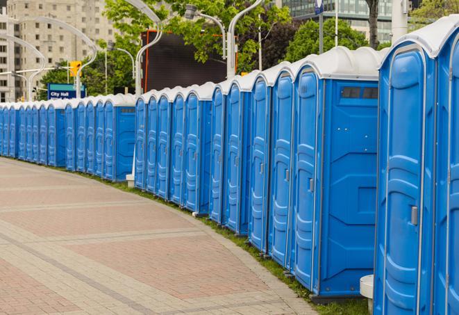 a row of portable restrooms at an outdoor special event, ready for use in North Reading MA